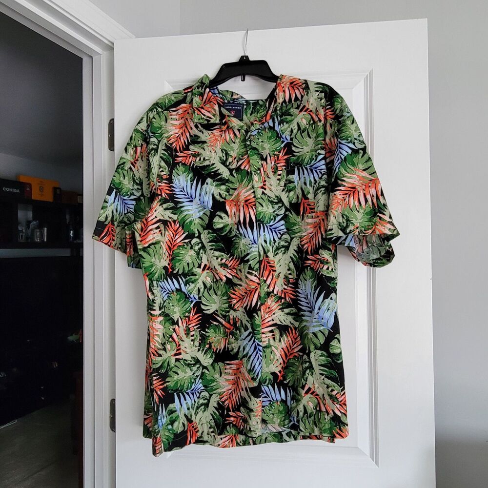 Saddlebred Shirt Mens XXL Black Green Palm Leaf Hawaiian Button Up Short Sleeve